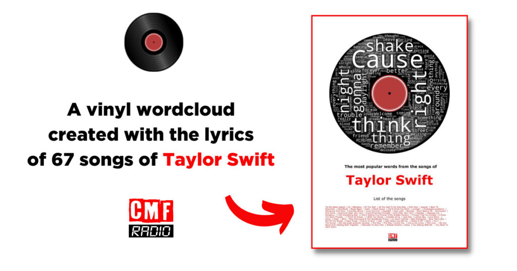 A vinyl wordcloud created with the lyrics of 67 songs of Taylor Swift