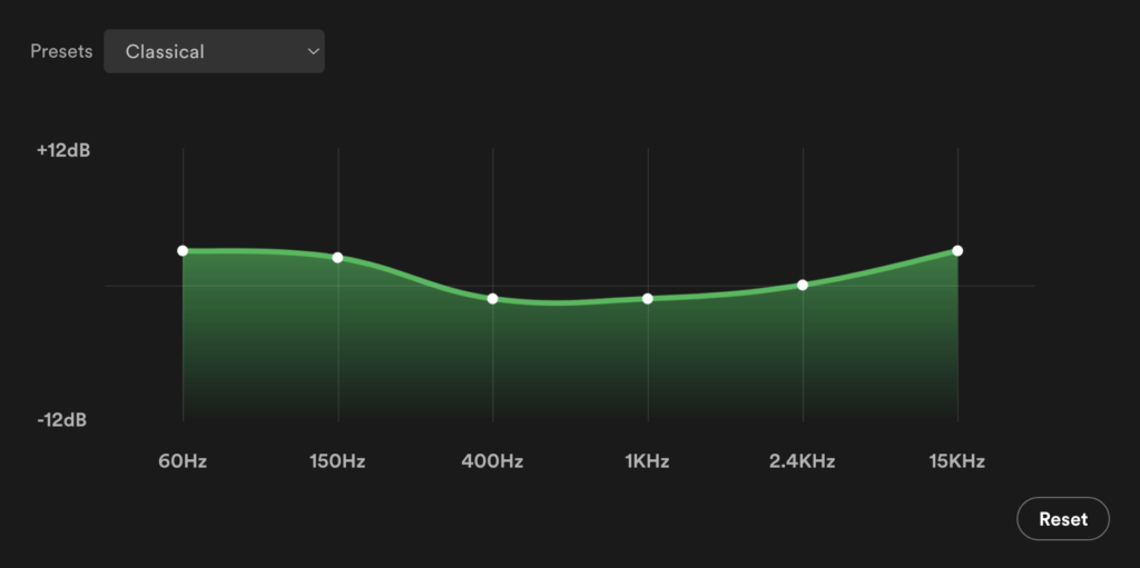 Spotify Classical EQ Preset, reducing mid frequencies, for a smoother experience
